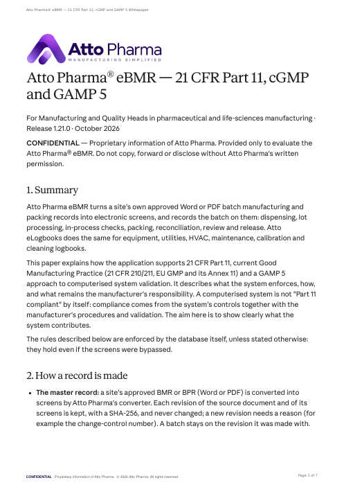 Cover of the whitepaper 21 CFR Part 11, cGMP and GAMP 5: what an electronic batch record system enforces